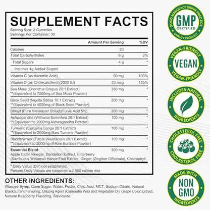Vceeoy Sea Moss Gummies with Black Seed Oil, Ashwagandha & Ginger - 60 Gummies