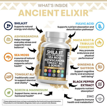 Clean Shilajit for Men with Sea Moss & Tongkat Ali | Fulvic Acid Capsules - 90 Count