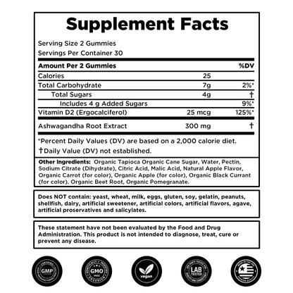 Ashwagandha Gummies – 60 Vegan Gummies | 300mg Root Extract + Vitamin D2