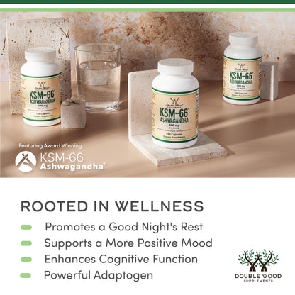 Double Wood Ashwagandha KSM-66 Organic 600mg | 120 Caps | Clinically Studied Adaptogen