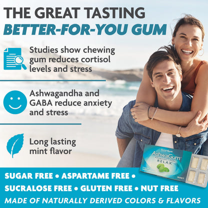 AshwaGum RELAX Gum by BetterGum – High Potency Ashwagandha + GABA, Sugar-Free Stress & Cortisol Support (10 Pieces) – 6 Pack