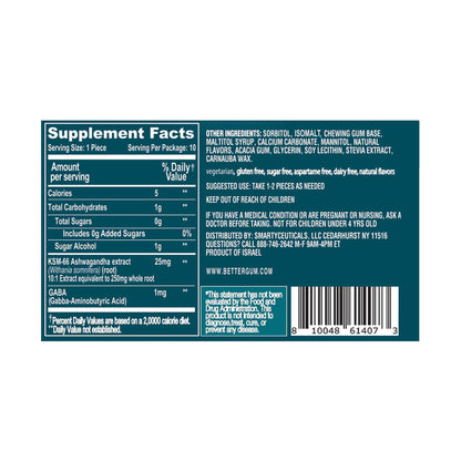 AshwaGum RELAX Gum by BetterGum – High Potency Ashwagandha + GABA, Sugar-Free Stress & Cortisol Support (10 Pieces) – 6 Pack