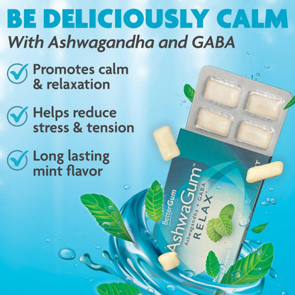 AshwaGum RELAX Gum by BetterGum – High Potency Ashwagandha + GABA, Sugar-Free Stress & Cortisol Support (10 Pieces) – 6 Pack