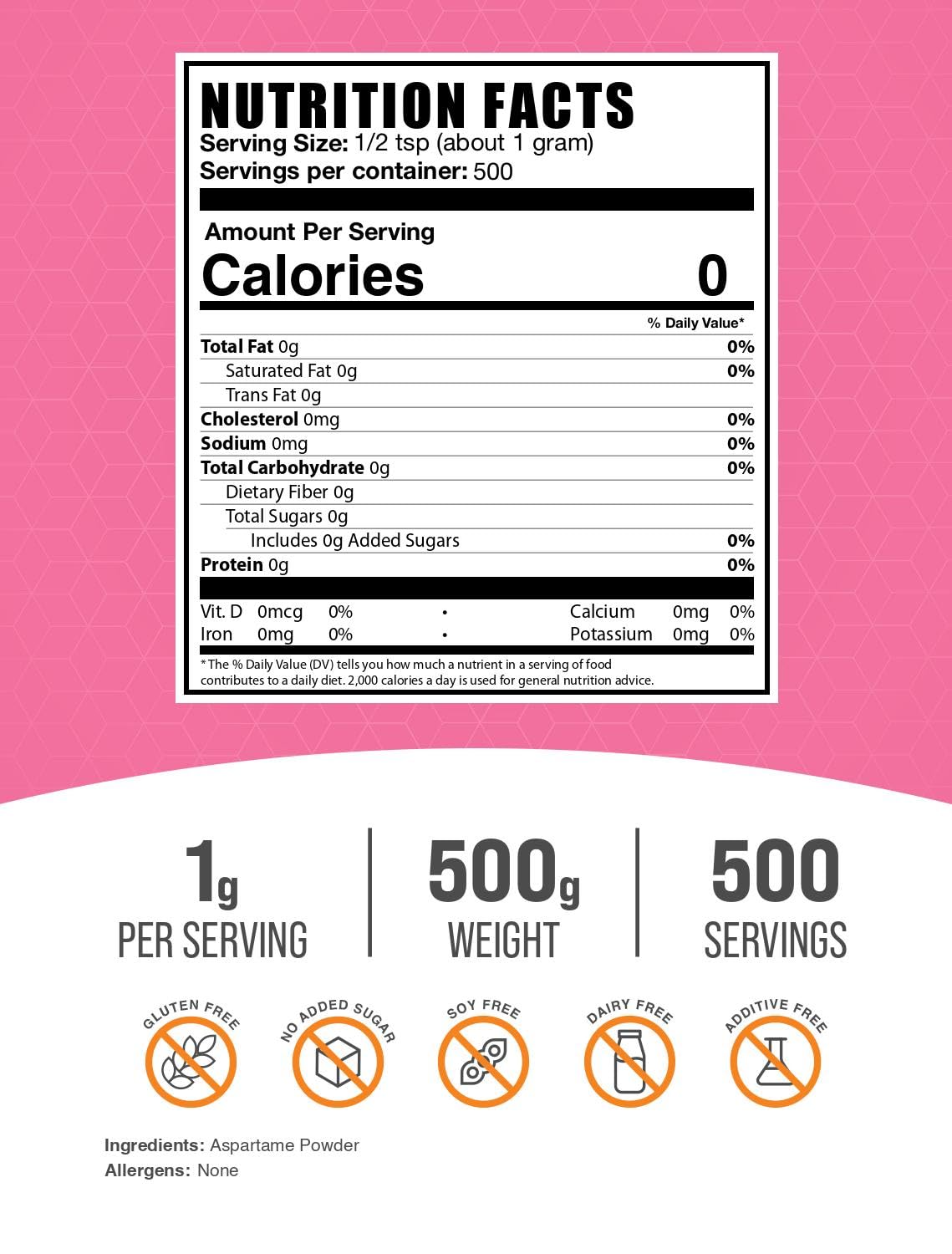 BulkSupplements.com Aspartame Powder - Sugar Substitute, Gluten Free, 500g, 1g Serving