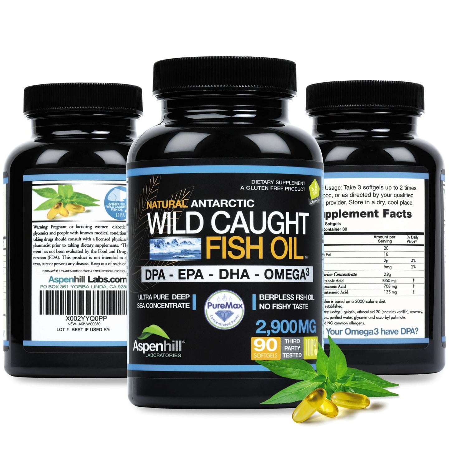 Aspen Hill Labs Ultra Pure Omega-3 Fish Oil – 2900 mg, DPA, EPA & DHA – 90 SoftGels, Burp-Free, Non-GMO