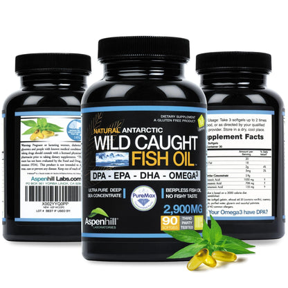 Aspen Hill Labs Ultra Pure Omega-3 Fish Oil – 2900 mg, DPA, EPA & DHA – 90 SoftGels, Burp-Free, Non-GMO