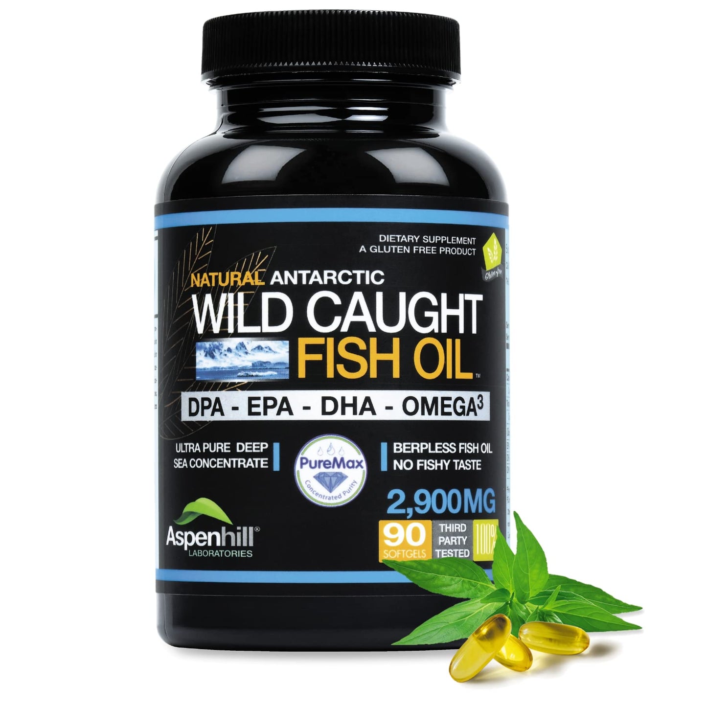 Aspen Hill Labs Ultra Pure Omega-3 Fish Oil – 2900 mg, DPA, EPA & DHA – 90 SoftGels, Burp-Free, Non-GMO