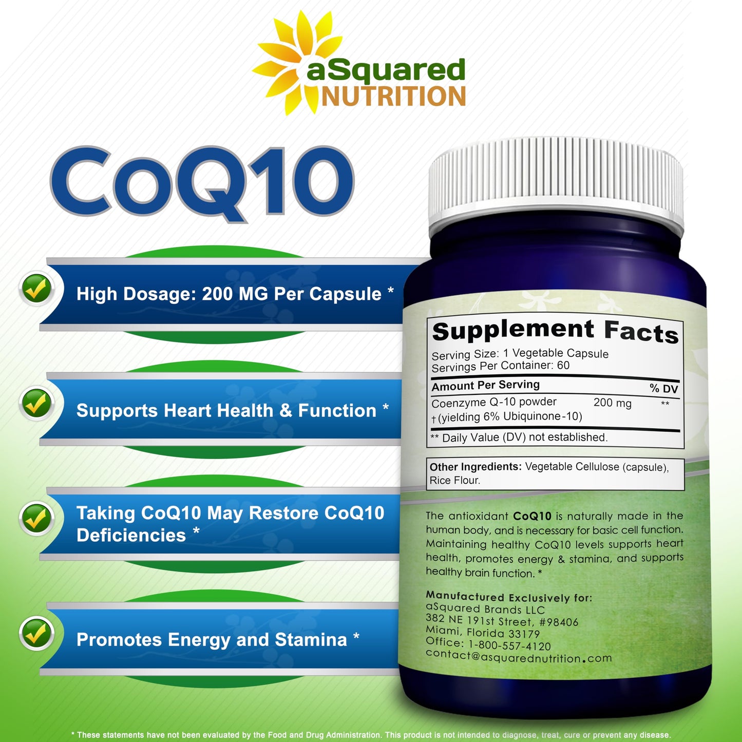 aSquared Nutrition CoQ10 200mg - 60 Capsules | Vegan CoQ10 Supplement