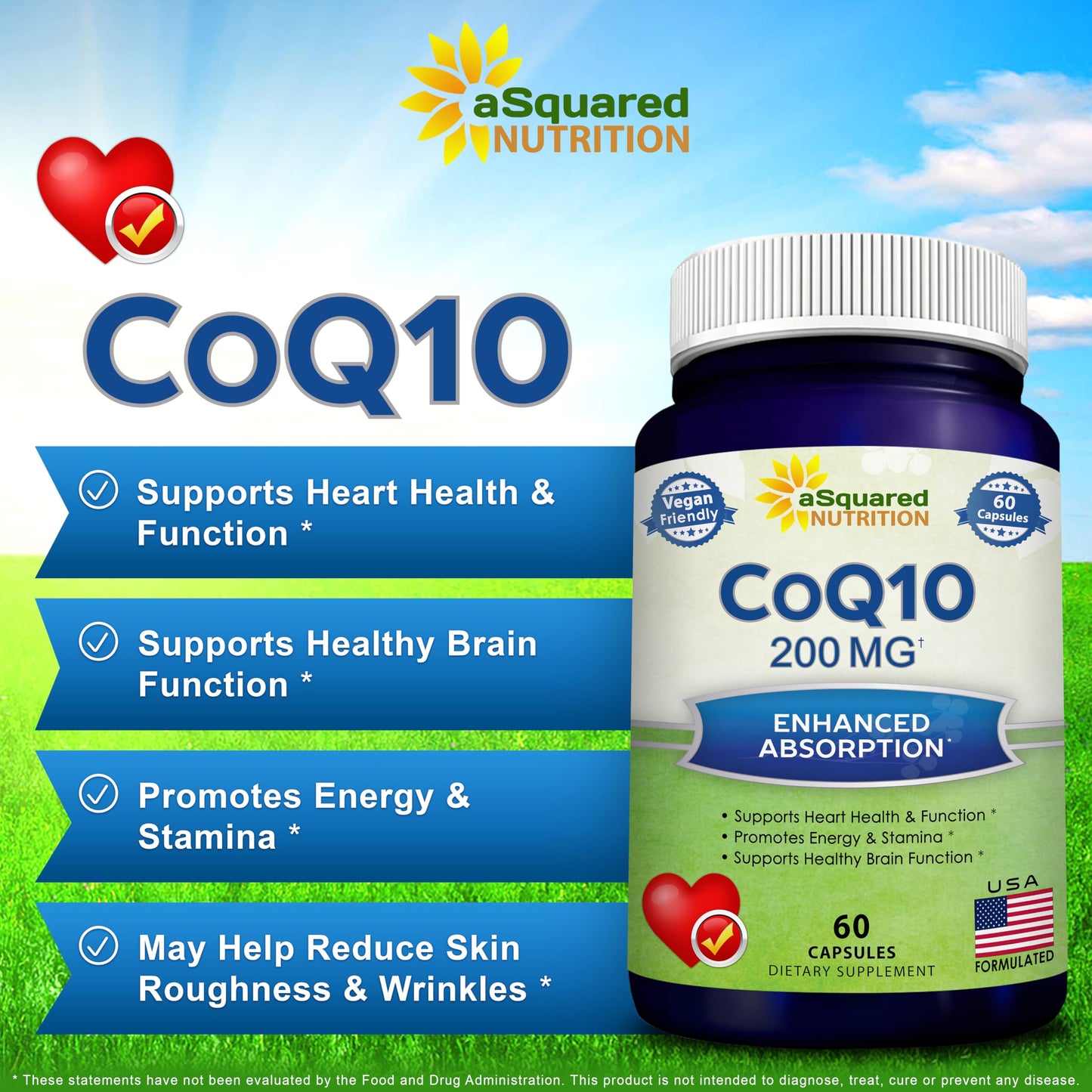 aSquared Nutrition CoQ10 200mg - 60 Capsules | Vegan CoQ10 Supplement