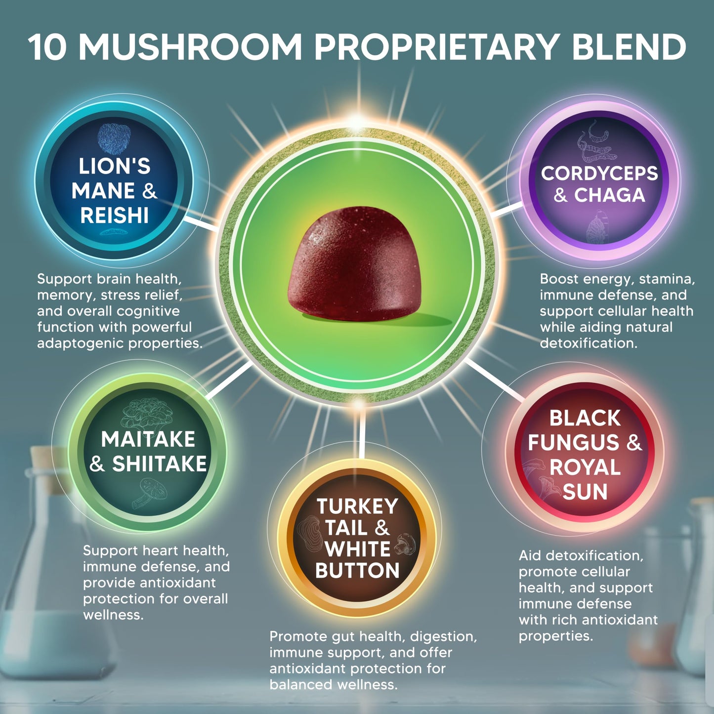 aSquared Nutrition Mushroom Gummies - 10x Complex Mushroom Blend for Energy, Focus & Immune Support