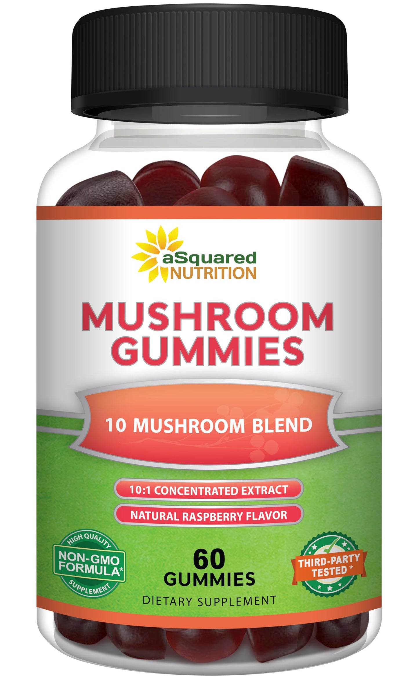 aSquared Nutrition Mushroom Gummies - 10x Complex Mushroom Blend for Energy, Focus & Immune Support