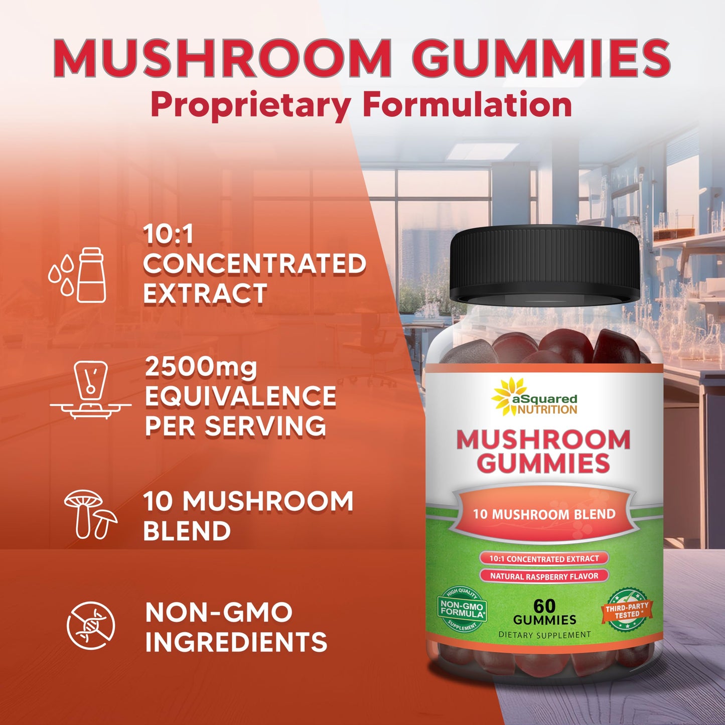 aSquared Nutrition Mushroom Gummies - 10x Complex Mushroom Blend for Energy, Focus & Immune Support