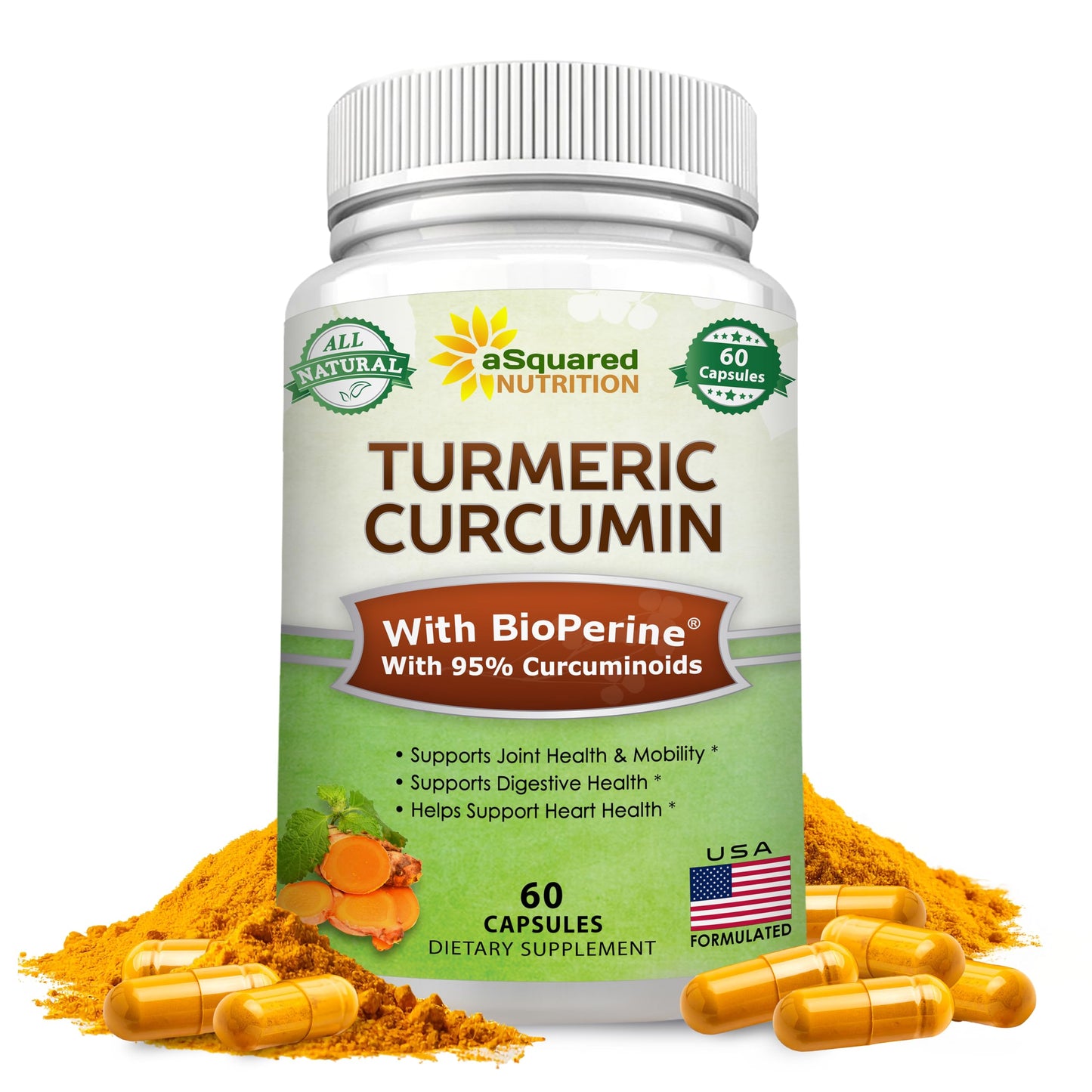 aSquared Nutrition Turmeric Curcumin 1300mg + BioPerine – 60 Capsules | 95% Curcuminoids