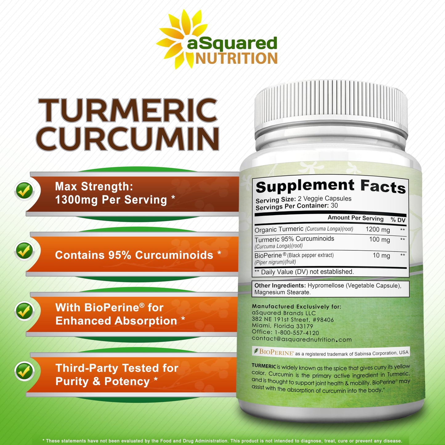 aSquared Nutrition Turmeric Curcumin 1300mg + BioPerine – 60 Capsules | 95% Curcuminoids