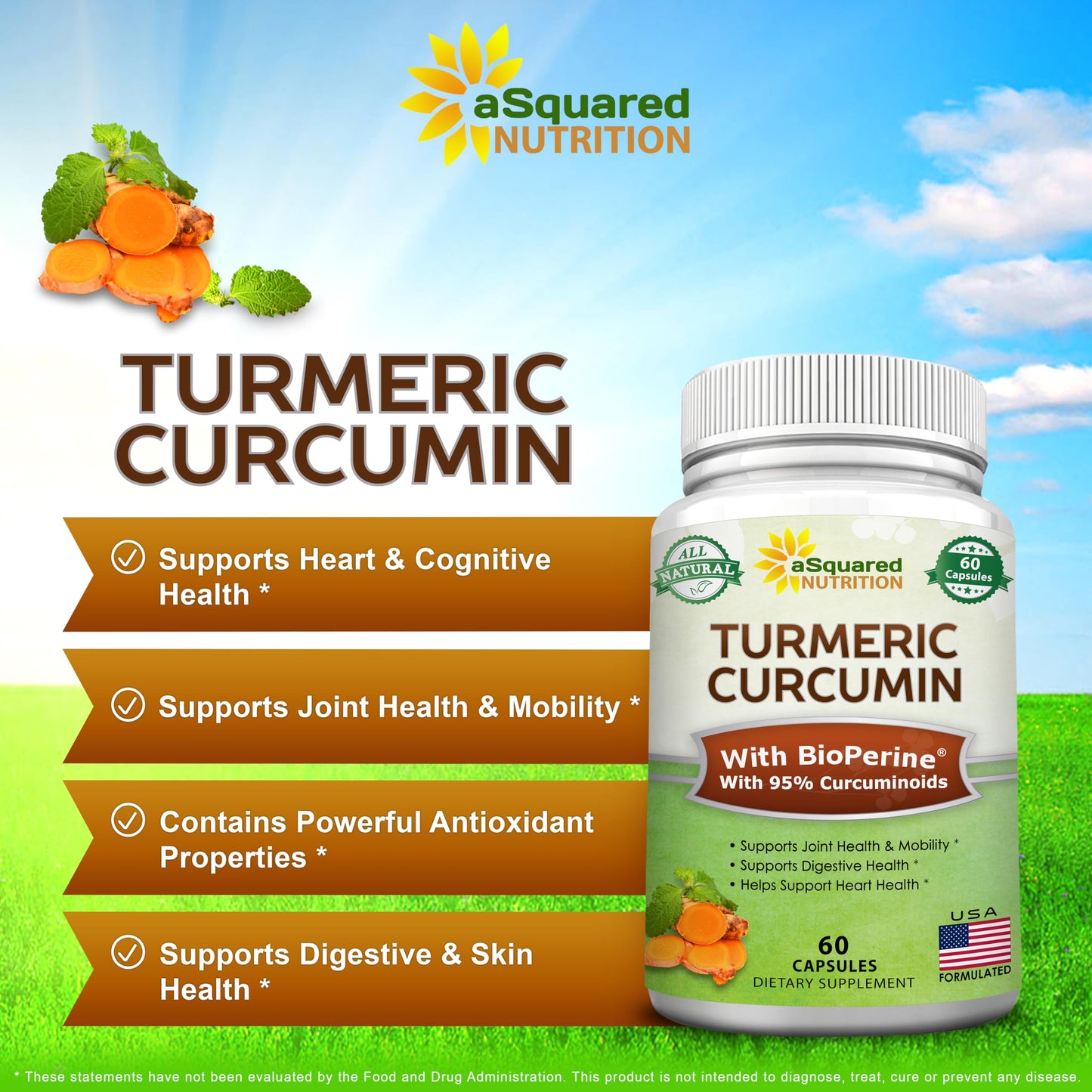 aSquared Nutrition Turmeric Curcumin 1300mg + BioPerine – 60 Capsules | 95% Curcuminoids