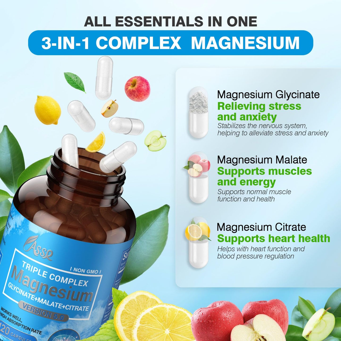 ASSR Triple Magnesium Complex – 300mg Mg (Glycinate, Malate & Citrate) | Supports Relaxation, Muscle & Nerve Health | Vegan, Non-GMO | 120 Capsules