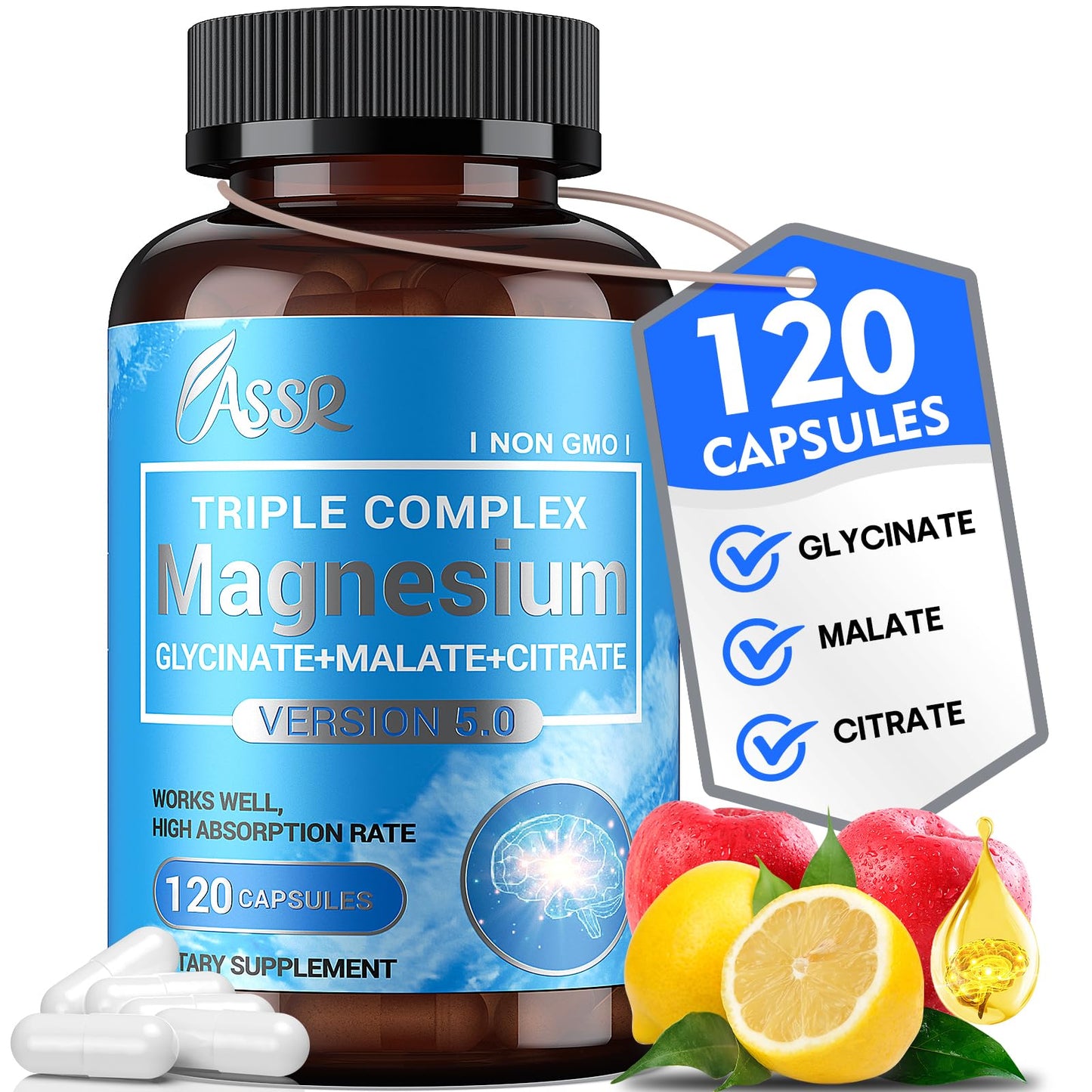 ASSR Triple Magnesium Complex – 300mg Mg (Glycinate, Malate & Citrate) | Supports Relaxation, Muscle & Nerve Health | Vegan, Non-GMO | 120 Capsules