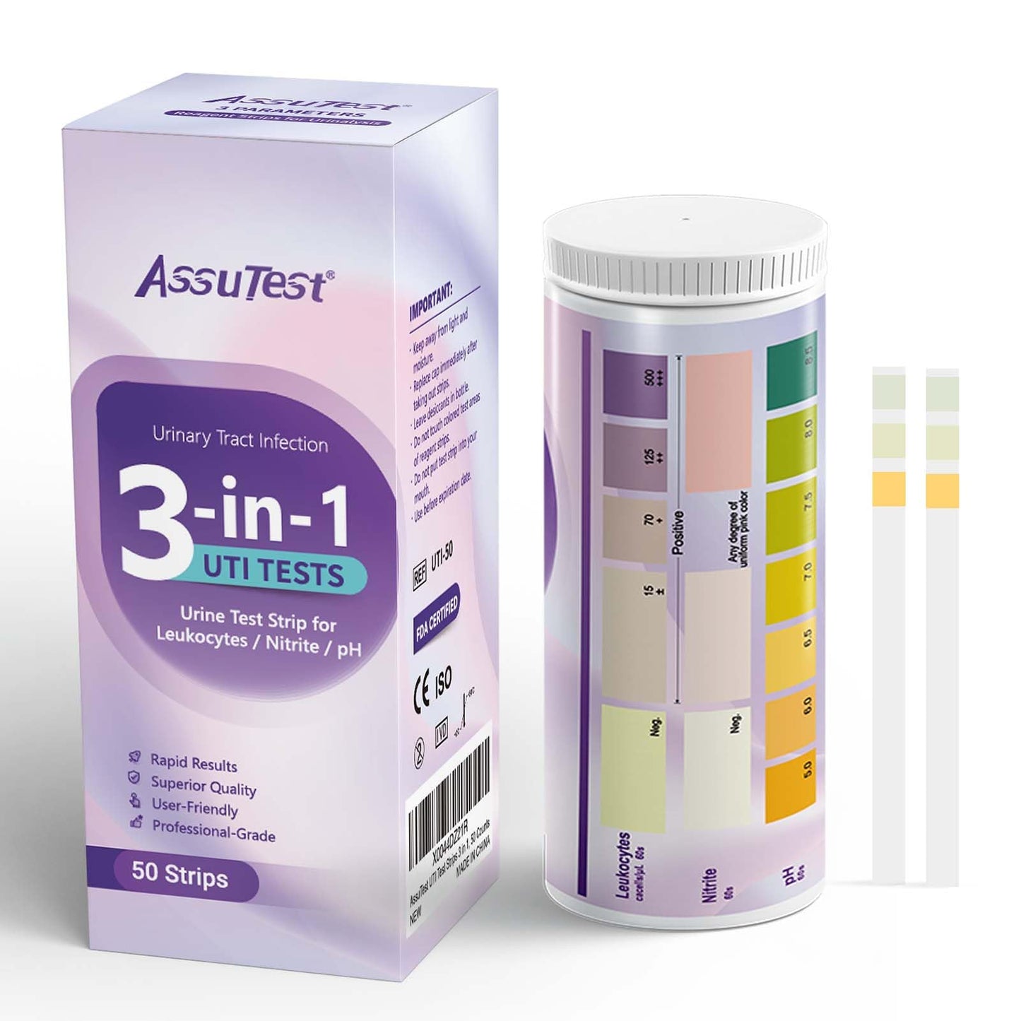 AssuTest UTI Test Strips – 3-in-1 At-Home Urinary Tract Infection Detection (50ct)