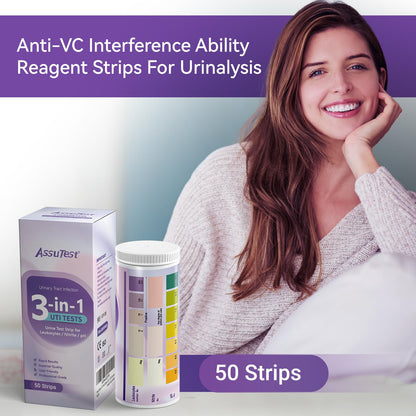 AssuTest UTI Test Strips – 3-in-1 At-Home Urinary Tract Infection Detection (50ct)