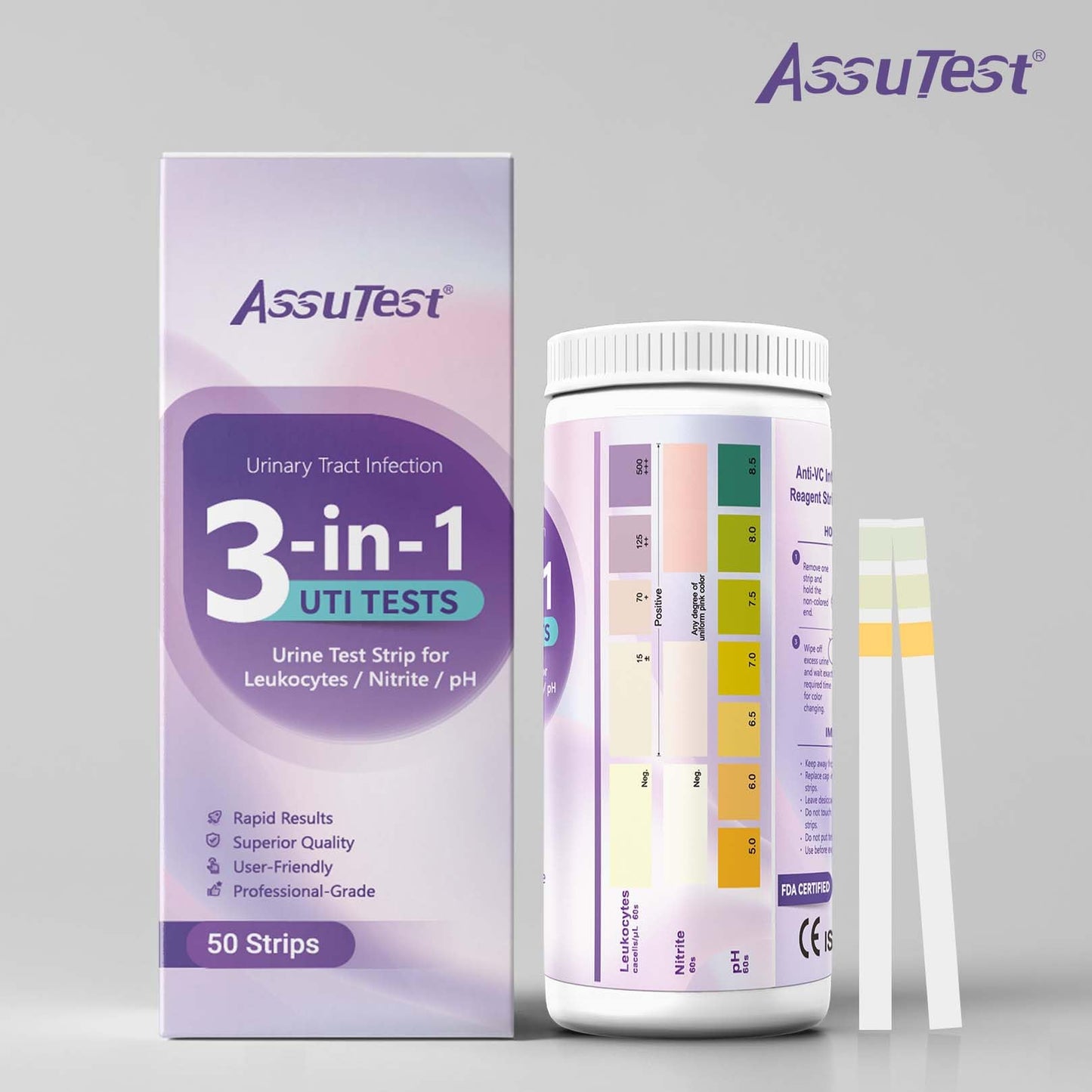 AssuTest UTI Test Strips – 3-in-1 At-Home Urinary Tract Infection Detection (50ct)