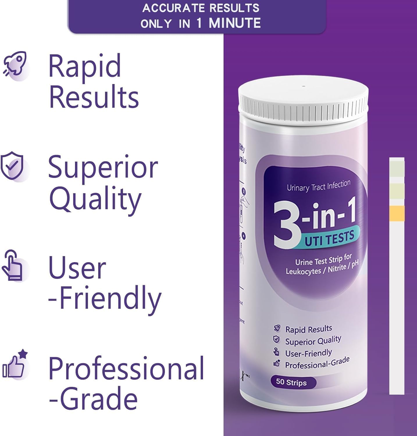 AssuTest UTI Test Strips – 3-in-1 At-Home Urinary Tract Infection Detection (50ct)