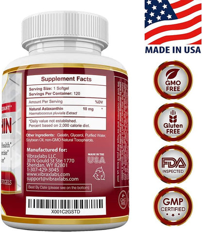 Astaxanthin 10mg Supplement | Pure Antioxidant from Microalgae | 120 Softgels