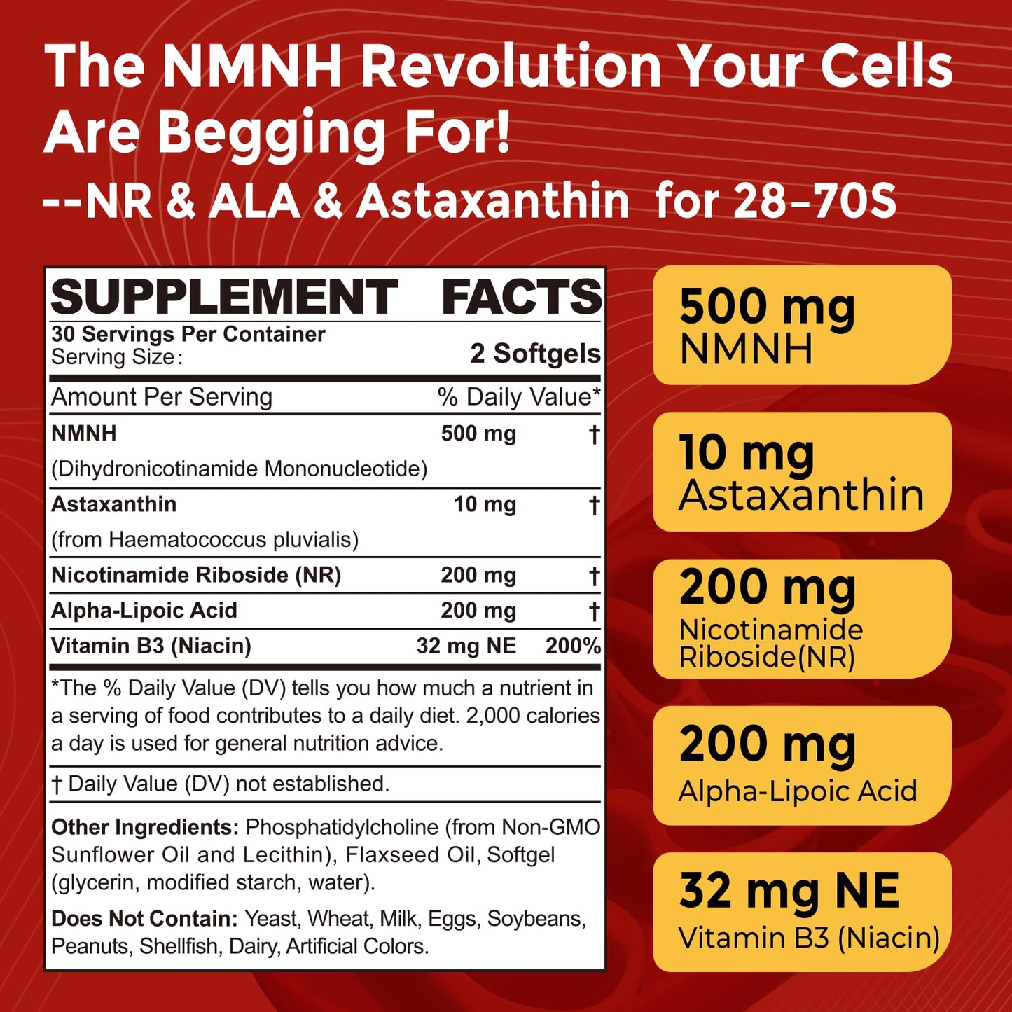 Liposomal NMNH Softgel 500mg with NR, ALA 200mg & Astaxanthin 10mg | Mitochondrial Support & Healthy Aging