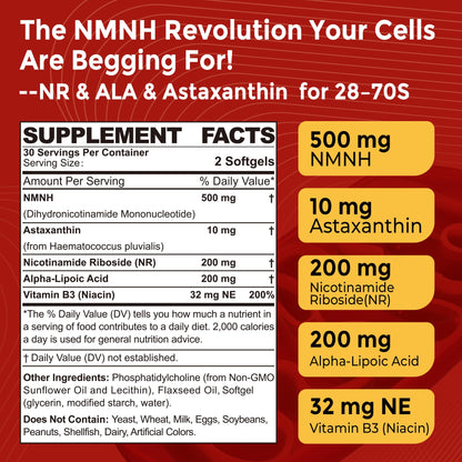 Liposomal NMNH Softgel 500mg with NR, ALA 200mg & Astaxanthin 10mg | Mitochondrial Support & Healthy Aging