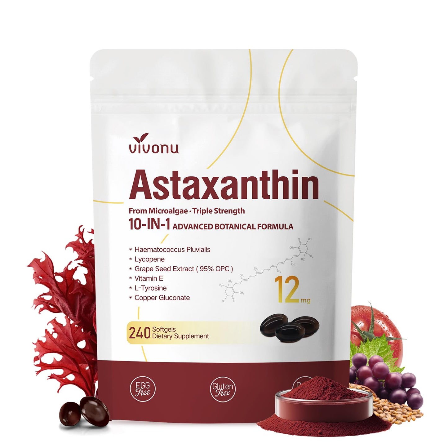 Astaxanthin 12mg – 240 Softgels | Haematococcus Pluvialis 10-in-1 Antioxidant for Eyes, Joints & Skin