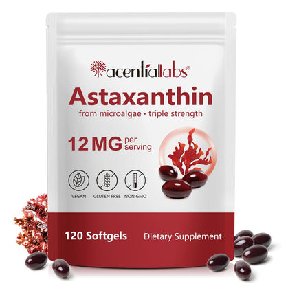 Astaxanthin 12mg, Premium Astaxanthin Antioxidant Supplements | Fresh Microalgae Source | Supports Eye, Joint, Internal Circulation, Skin Health, Non-GMO & No Gluten, 120 Softgels, 4 Month Supply