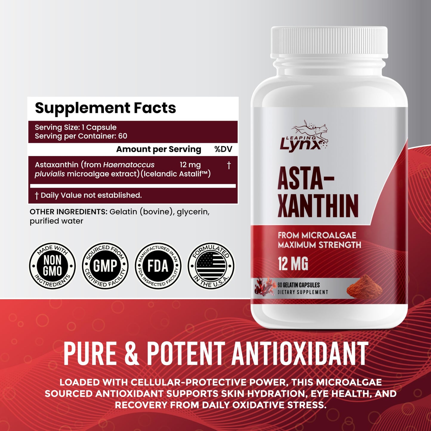 Astaxanthin 12mg – 60-Day Non-GMO Antioxidant for Skin, Eyes & Cellular Health