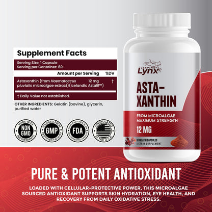 Astaxanthin 12mg – 60-Day Non-GMO Antioxidant for Skin, Eyes & Cellular Health