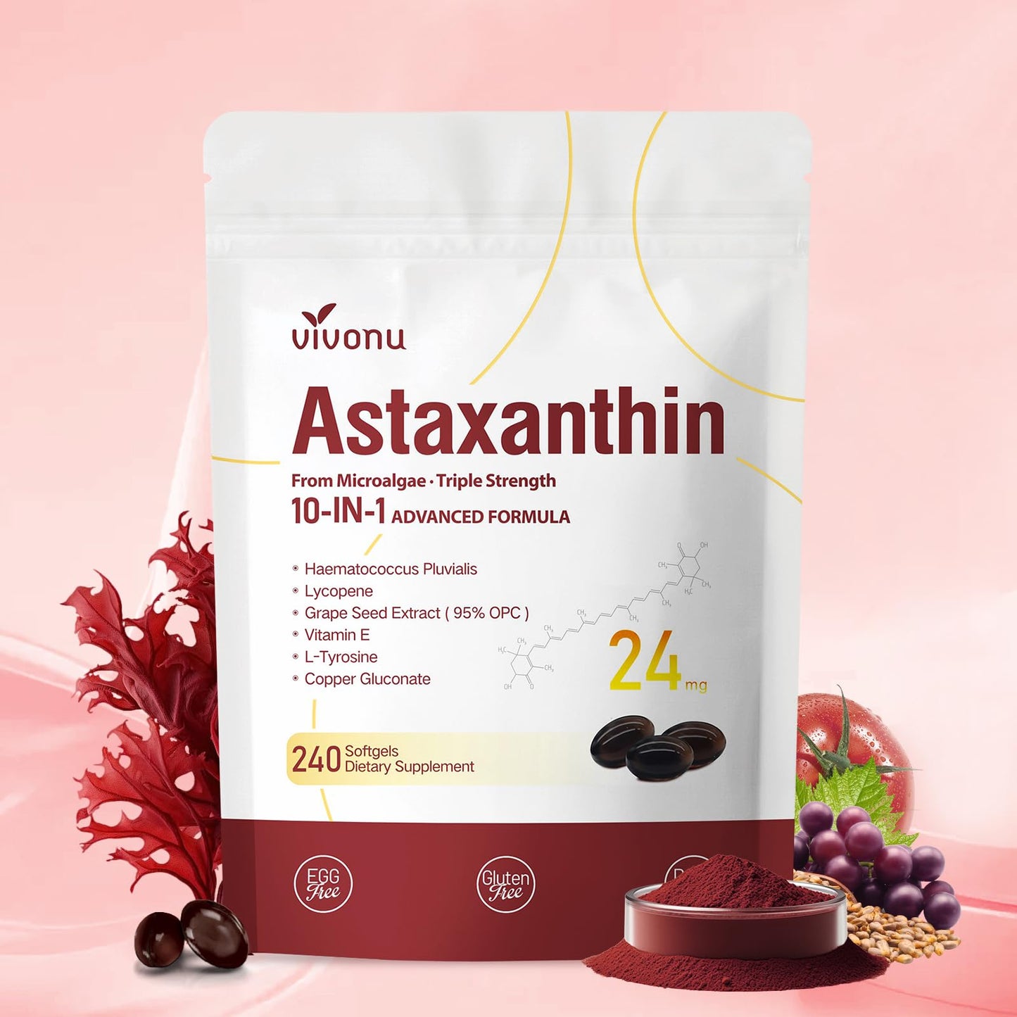 10 in 1 Astaxanthin Supplements 24mg – 4 Month Supply from Haematococcus Pluvialis