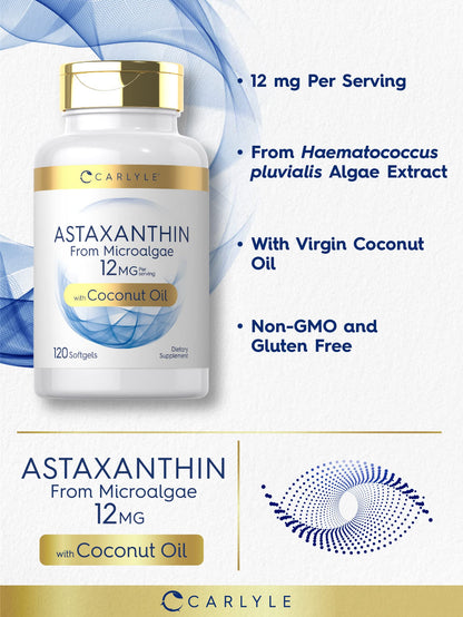 Carlyle Astaxanthin 12mg - 120 Softgels | Microalgae, Coconut Oil | Non-GMO & Gluten Free