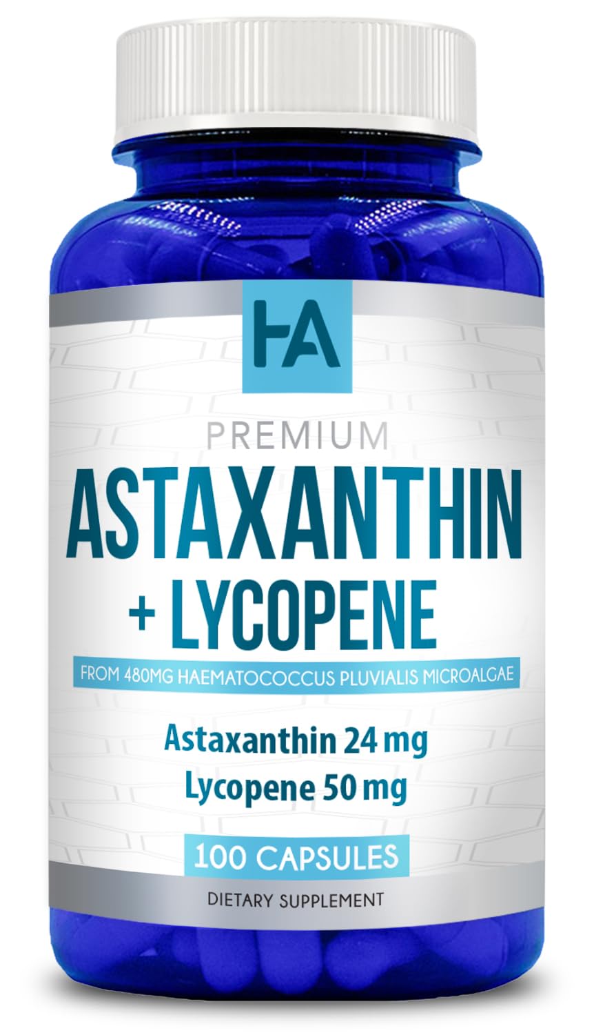 Astaxanthin & Lycopene Supplement – 50mg Lycopene, 24mg Astaxanthin | Vegan, Non-GMO (100 Veggie Capsules)