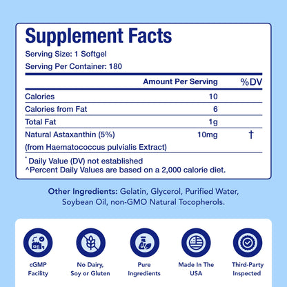 Astaxanthin 10mg Supplement for Eye & Skin Health | Haematococcus Pluvialis Microalgae | 180 Day Supply