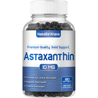 Astaxanthin 10mg Supplement for Eye & Skin Health | Haematococcus Pluvialis Microalgae | 180 Day Supply