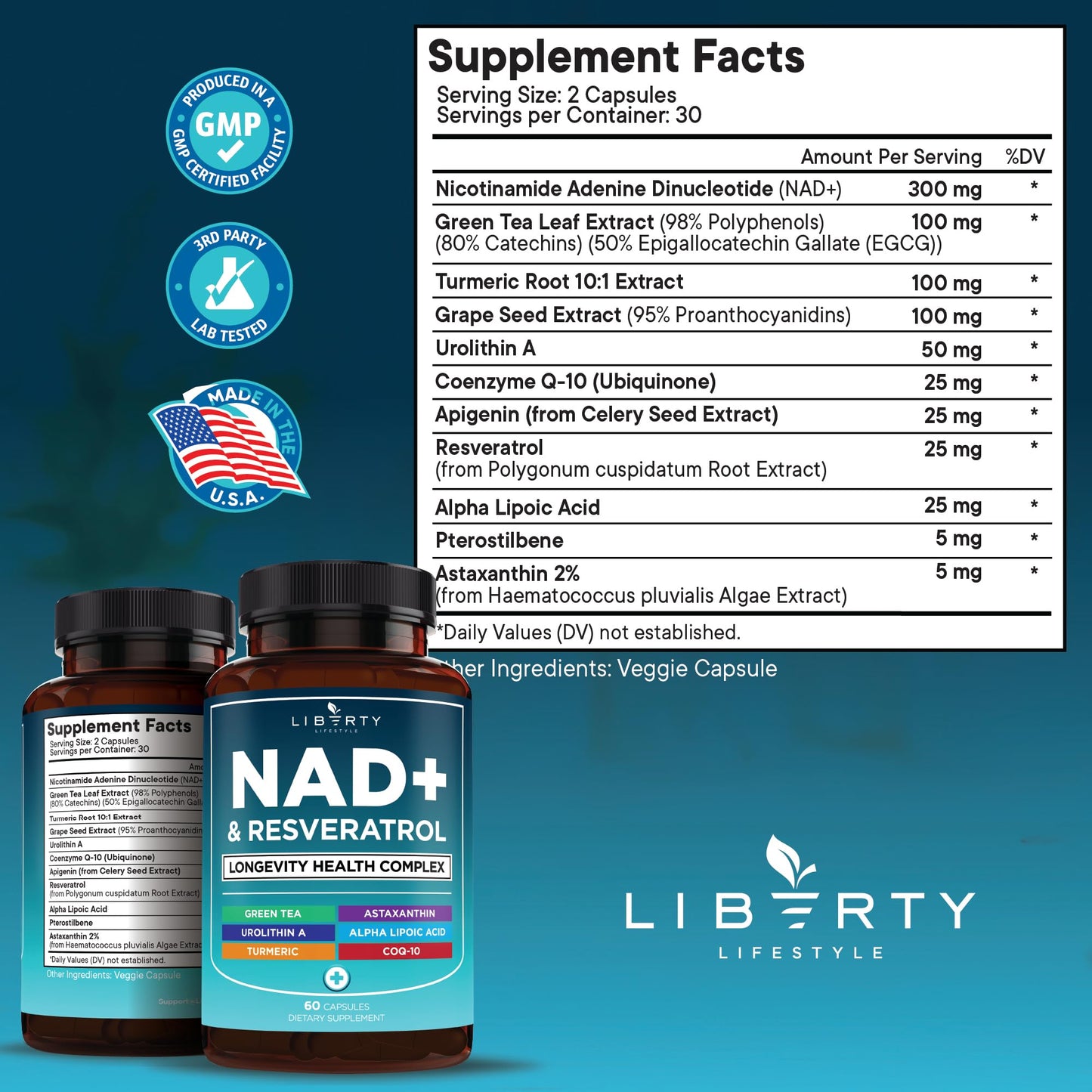 NAD+ 300 mg Supplement with Astaxanthin, Urolithin A, Resveratrol & CoQ10 – 60 Capsules (Vegan, Non-GMO)