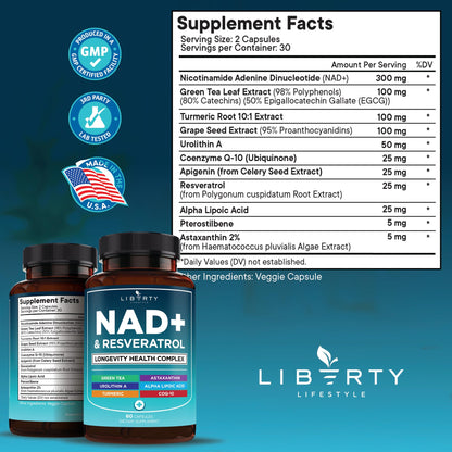 NAD+ 300 mg Supplement with Astaxanthin, Urolithin A, Resveratrol & CoQ10 – 60 Capsules (Vegan, Non-GMO)