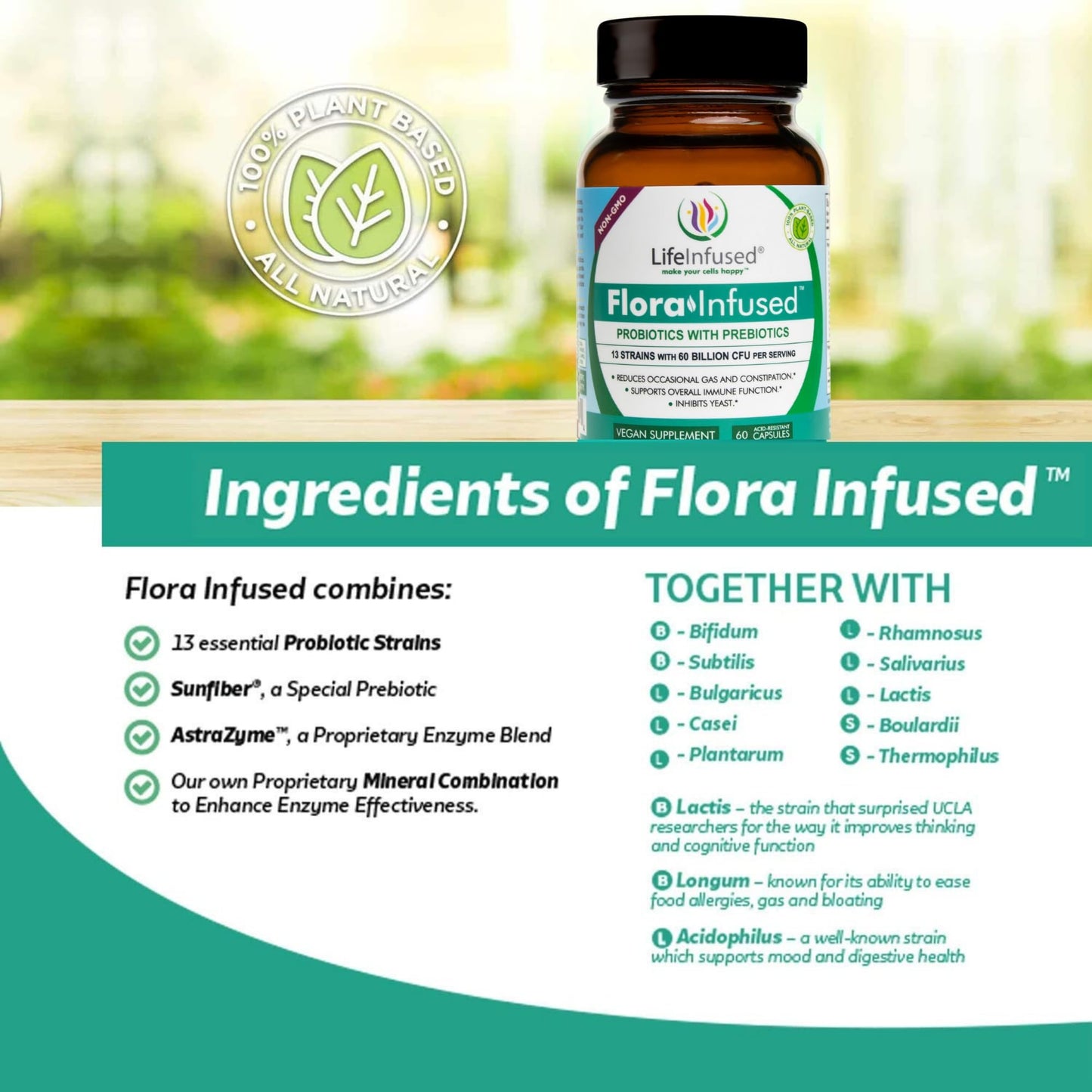 Life Infused Flora Infused Probiotics with Prebiotics - 50 Billion CFU, 13 Strains, Enzyme Blend - Vegan - 60 Capsules