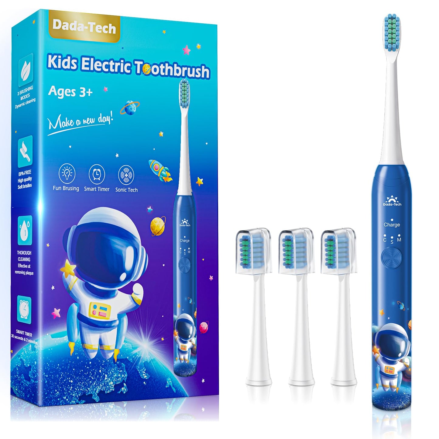 Kids Electric Toothbrush 3-12 Years – Rechargeable with Timer, 3 Modes, 4 Heads, Habit Stickers | Astronaut Blue
