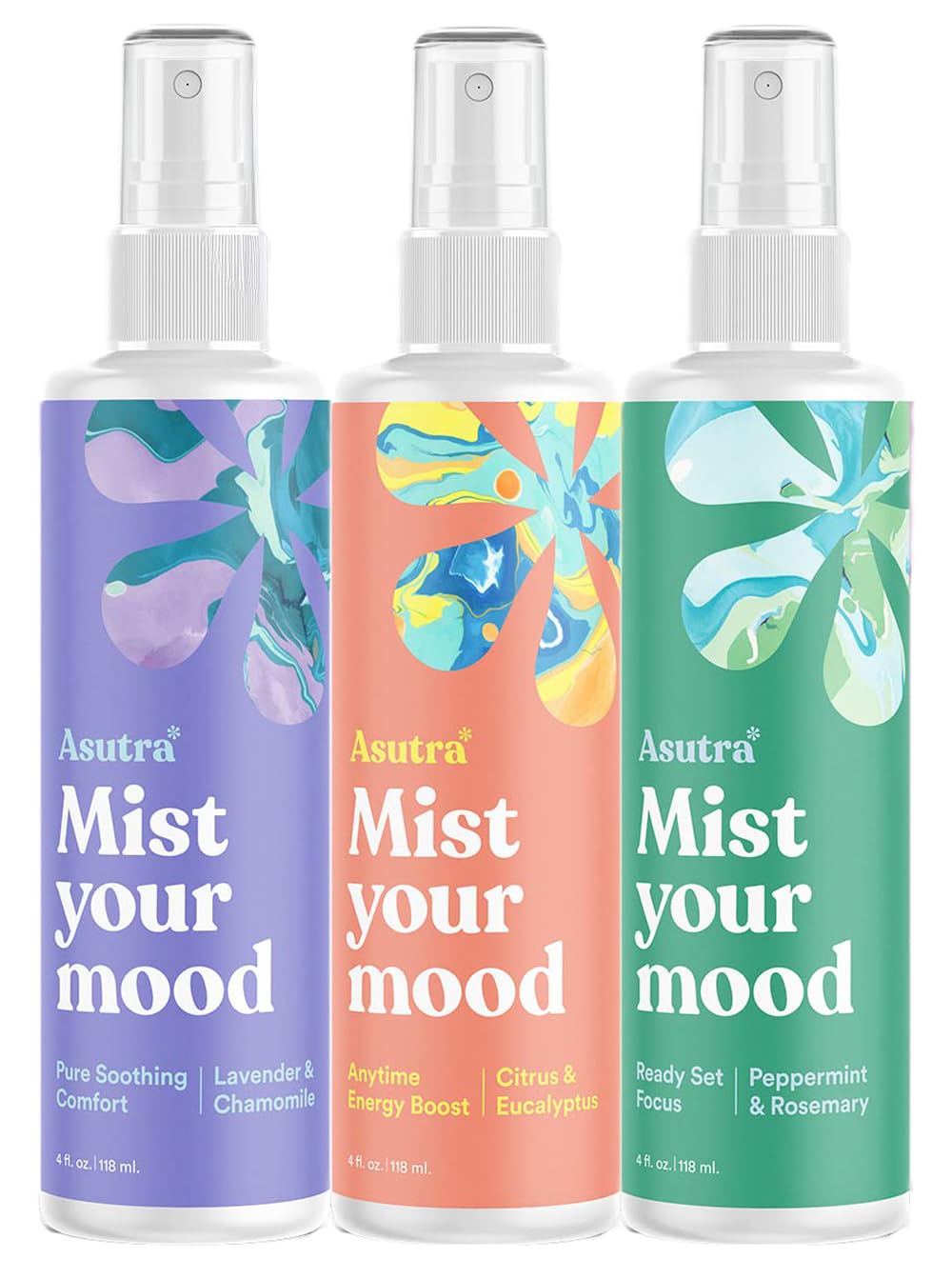 ASUTRA Three-Scent Aromatherapy Spray – Multi-Use Essential Oil, 4 fl oz Each