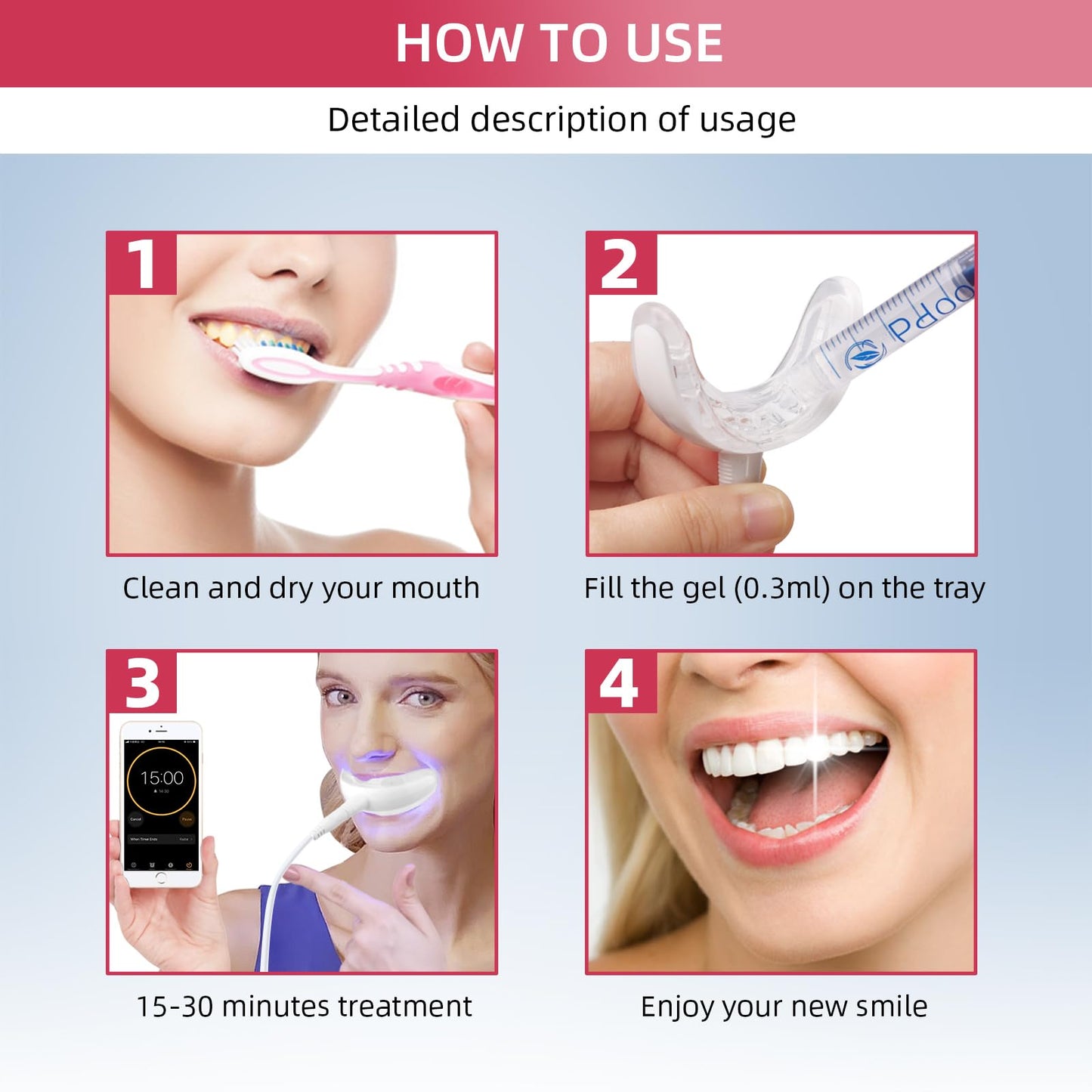 Professional Teeth Whitening Kit with 5 Gels, LED Accelerator Light & Custom Trays – Enamel Safe, Fast Home Whitening