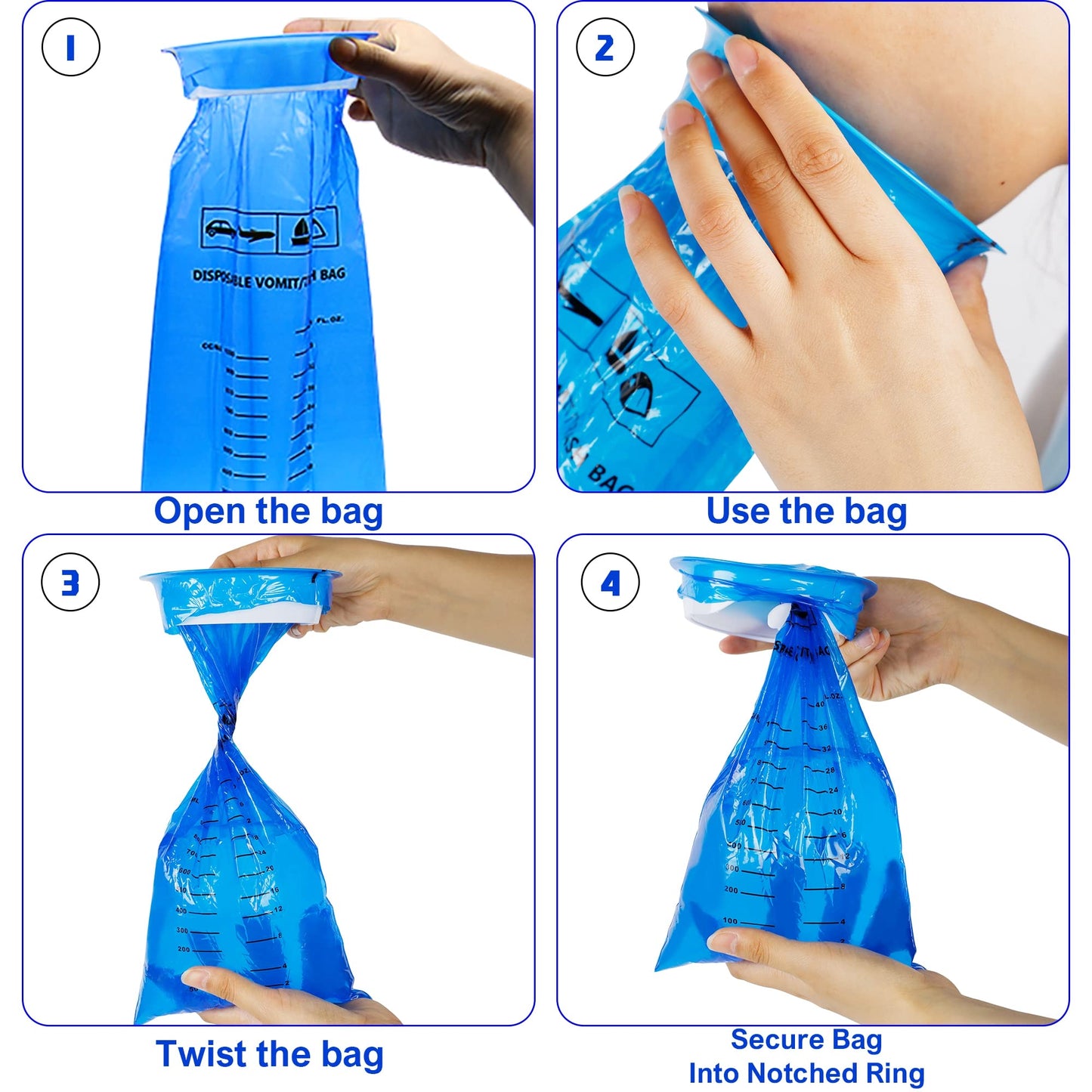 ATDAWN 24 Pack Emesis Bags – Disposable Vomit Bags for Travel & Car Sickness (Blue)