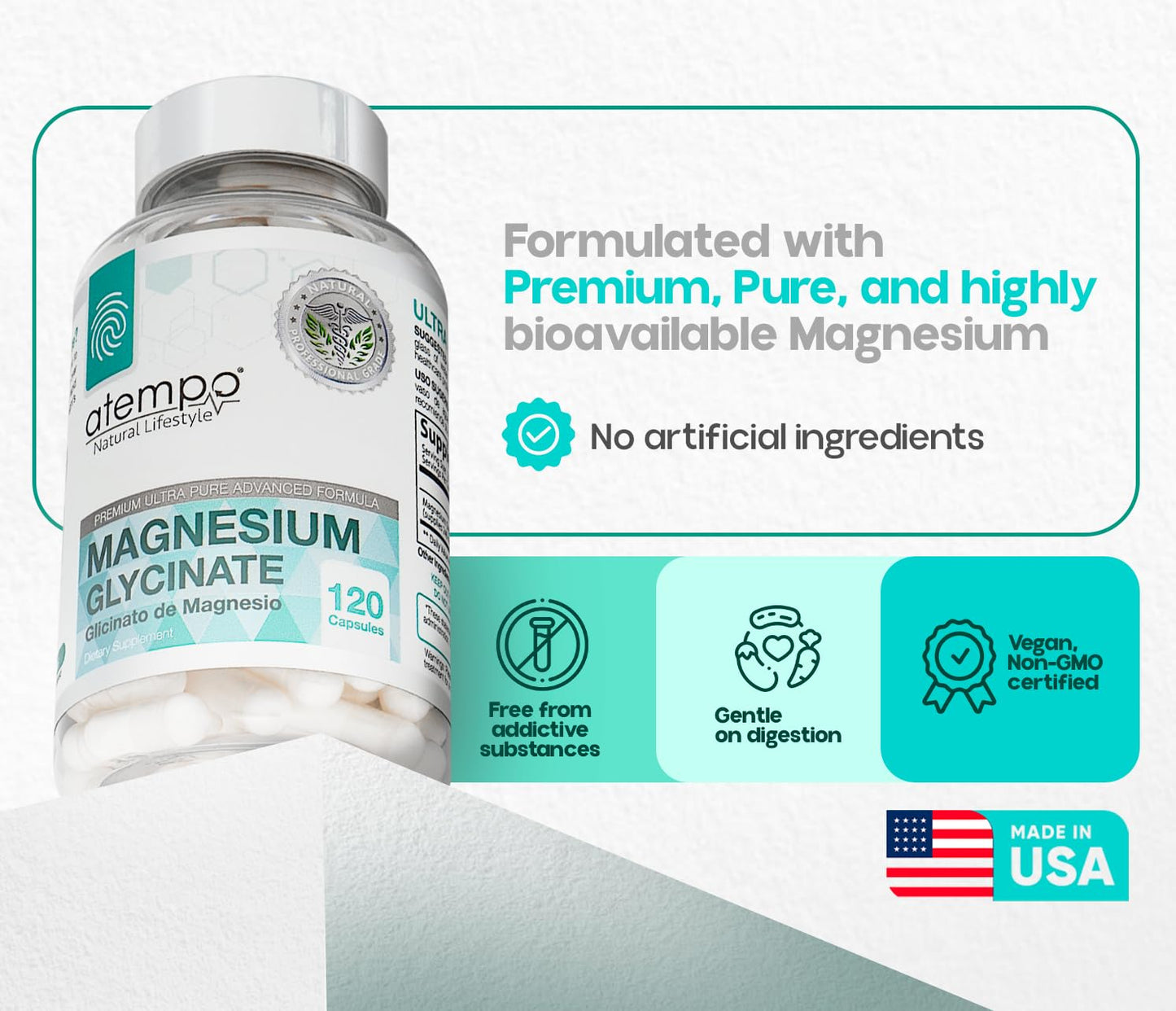 Atempo Magnesium Glycinate 1000mg – Chelated Capsule for Muscle Relaxation, Heart & Nerve Support | Vegan 120 Caps