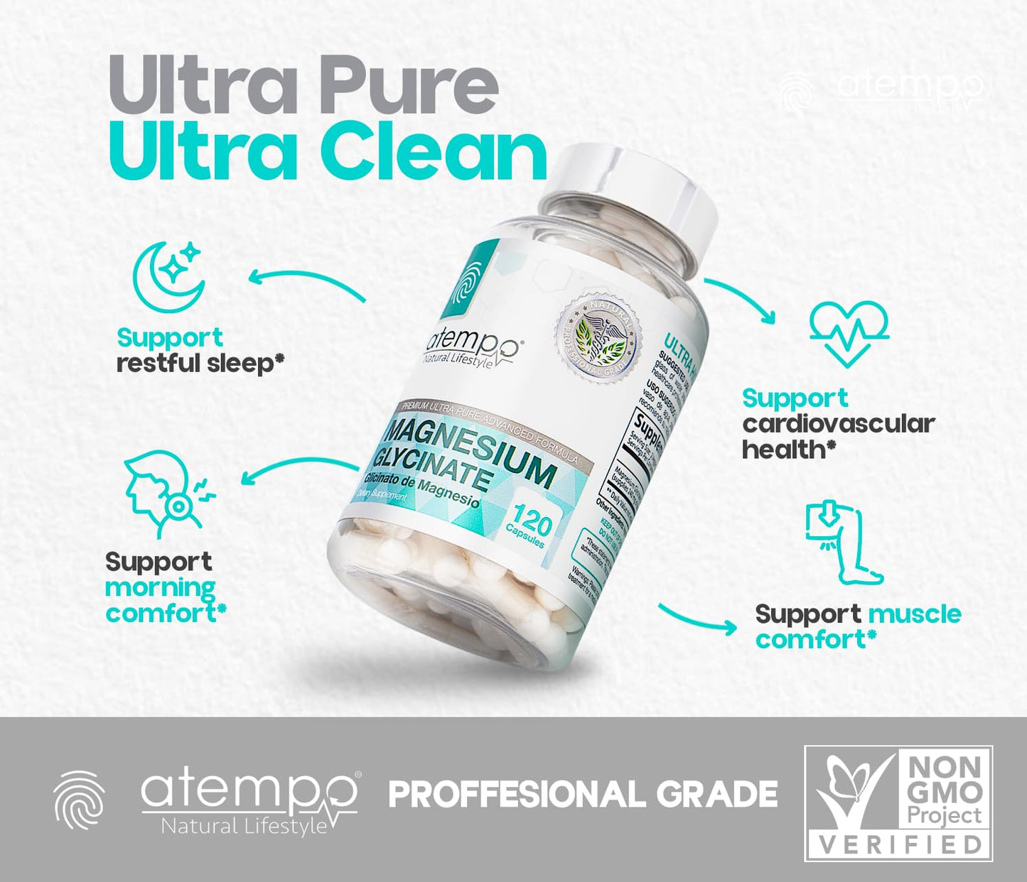 Atempo Magnesium Glycinate 1000mg – Chelated Capsule for Muscle Relaxation, Heart & Nerve Support | Vegan 120 Caps