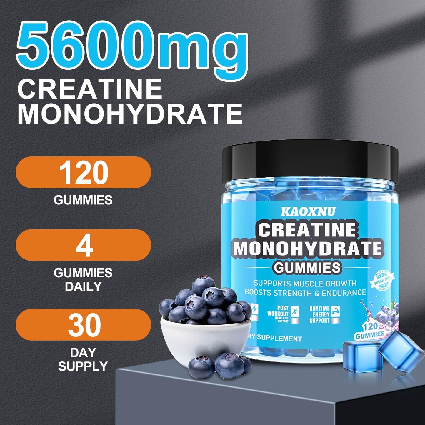 Creatine Monohydrate Gummies 5600mg – 120 CT, Sugar Free, Blueberry Flavor, For Men & Women