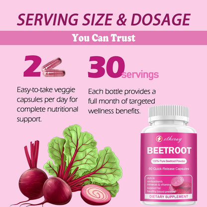 Etheray Beetroot Capsules - 1300mg per Serving | Organic Beetroot Powder - 60 Capsules BritishVita | Premium UK Vitamins & Wellness Supplements