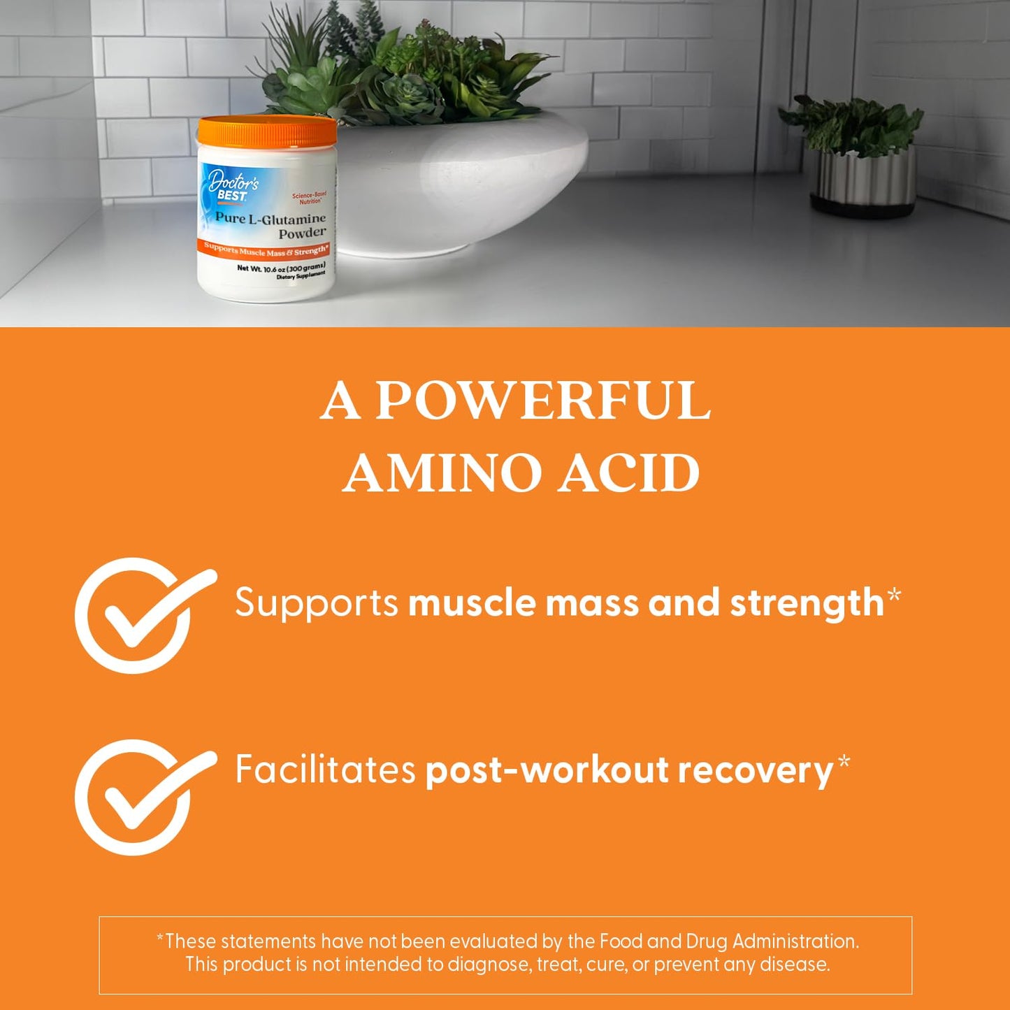 Doctors Best Pure L-Glutamine Powder – Supports Muscle Mass & Strength | Non-GMO, Gluten Free, Soy Free, Vegan (10.6 oz / 300 g)