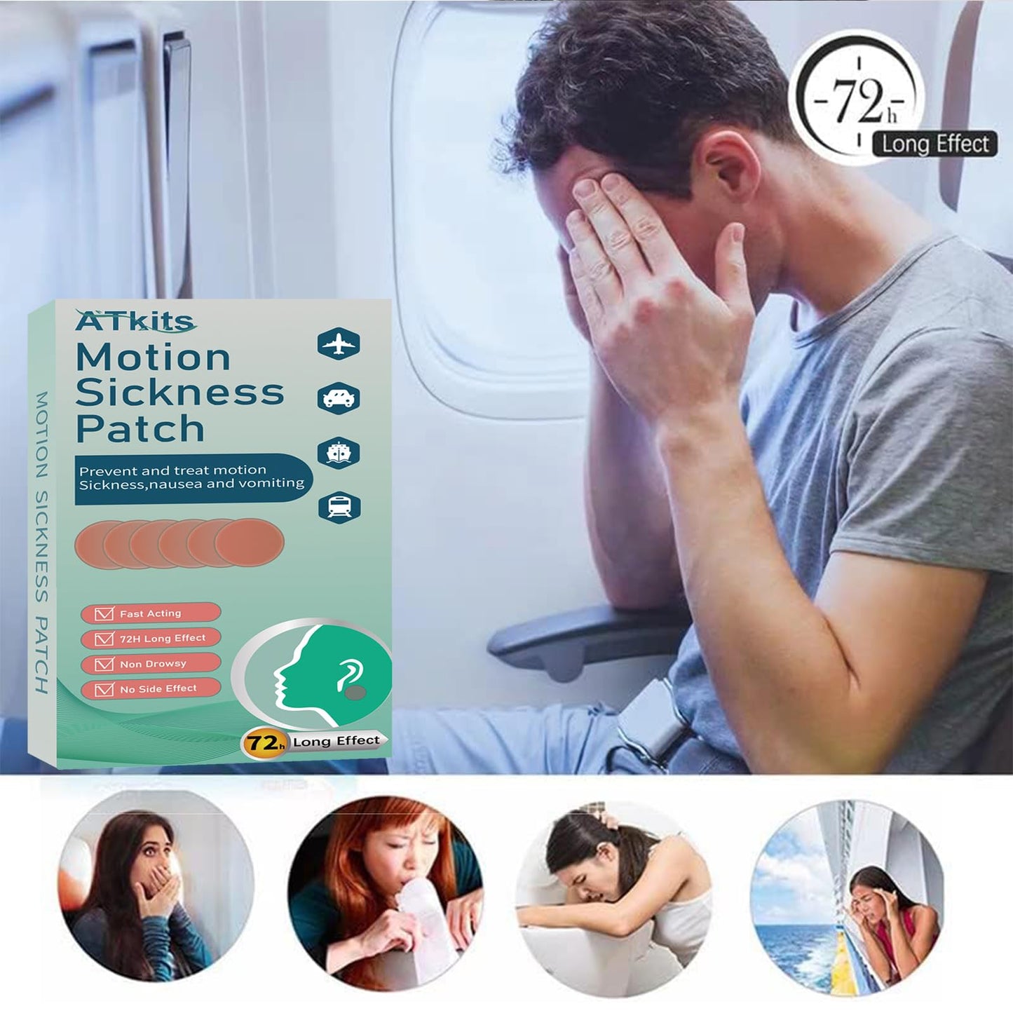 ATkits 40PCS Motion Sickness Patches — Natural Nausea Relief for Travel (Cruise, Car, Flight)